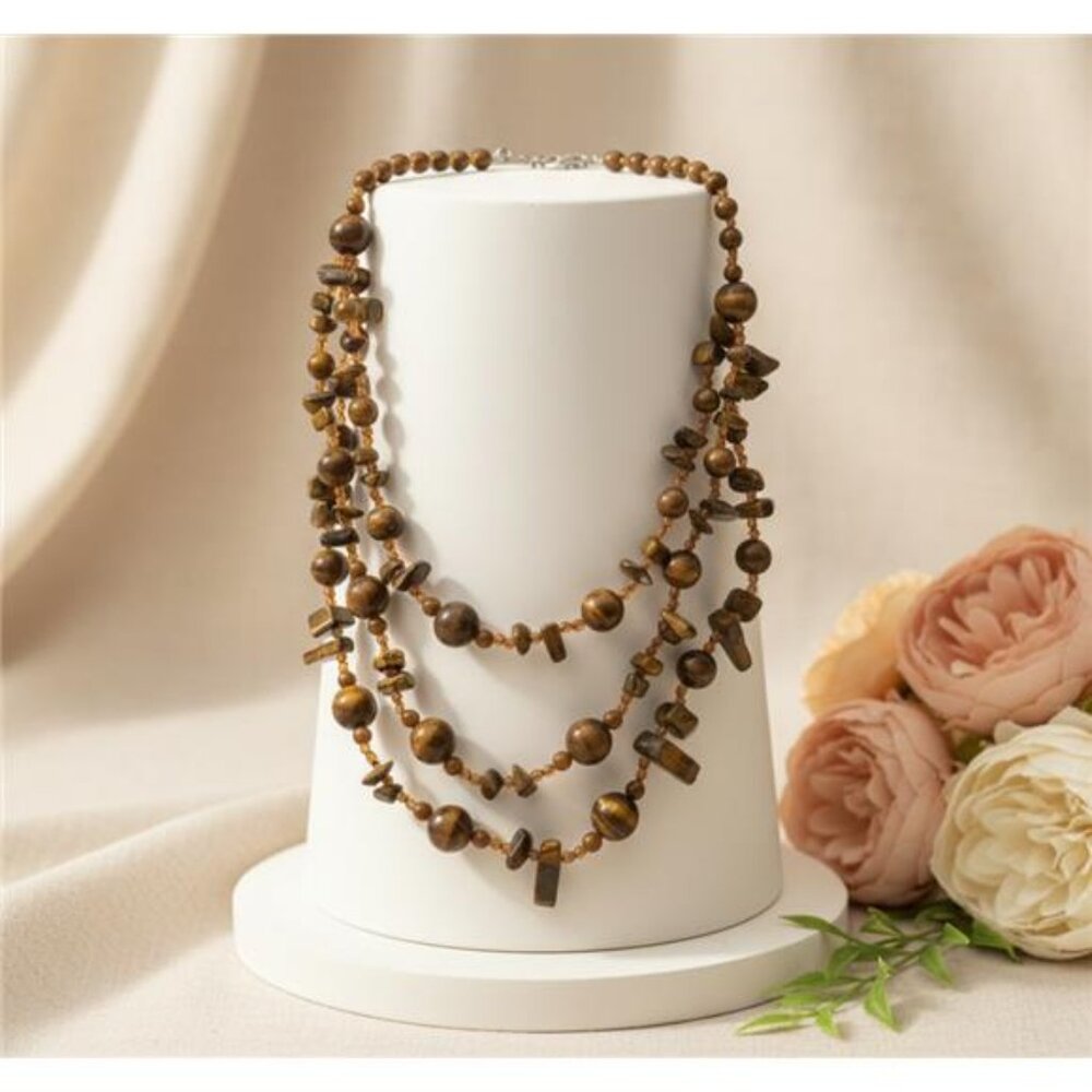 Tiger Eye Chip Lucite Bead Layered Statement Necklace Brown Crystal 23in Adj